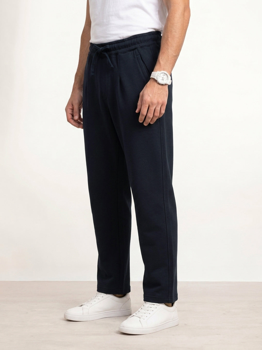 Solid Loose Fit Pleated Jogger | Navy Blue