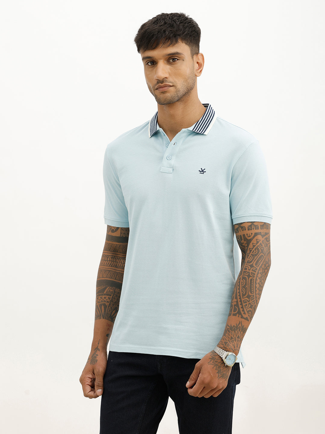 Classic Slim Fit Contrast Collar Polo T-Shirt | Light Blue