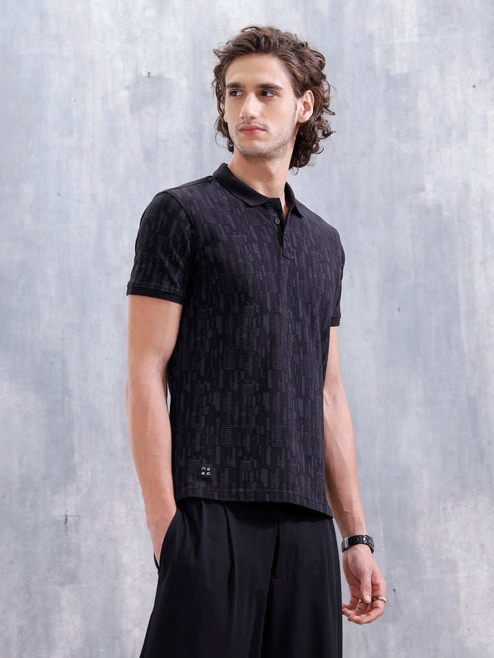 Aop Printed Slim Fit Polo Collar T-shirt | Black