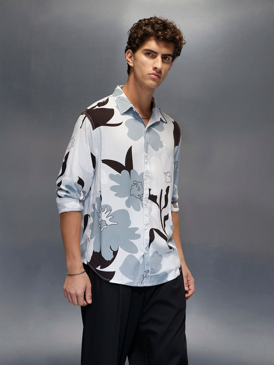 Men's Casual Comfort Fit Floral Printed Shirt  |  Grey
