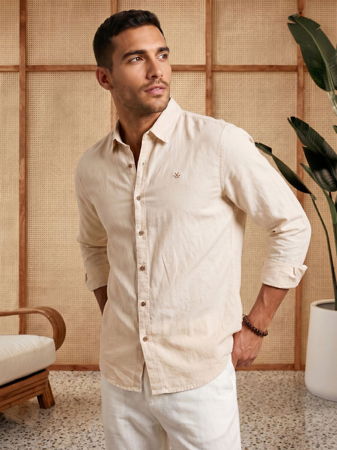 Solid Linen Blend Slim Fit Shirt | Beige