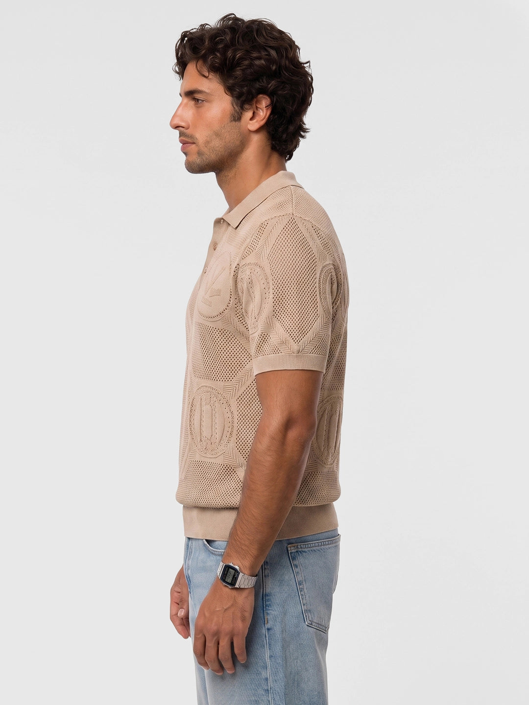 Classic Oversized Flatknit Polo T-Shirt | Brown