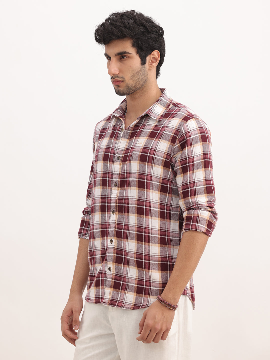 Slim Fit Checkered Full Sleeve Shirt | Maroon