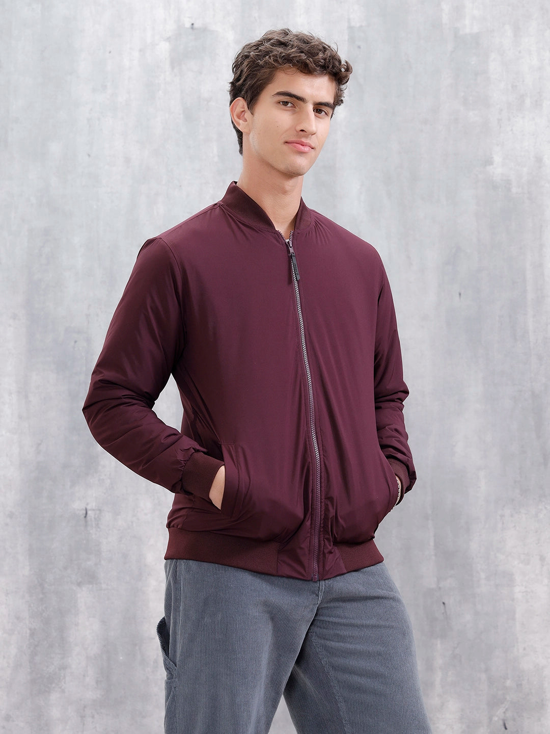Men's Casual Solid Bomber Jacket | Maroon