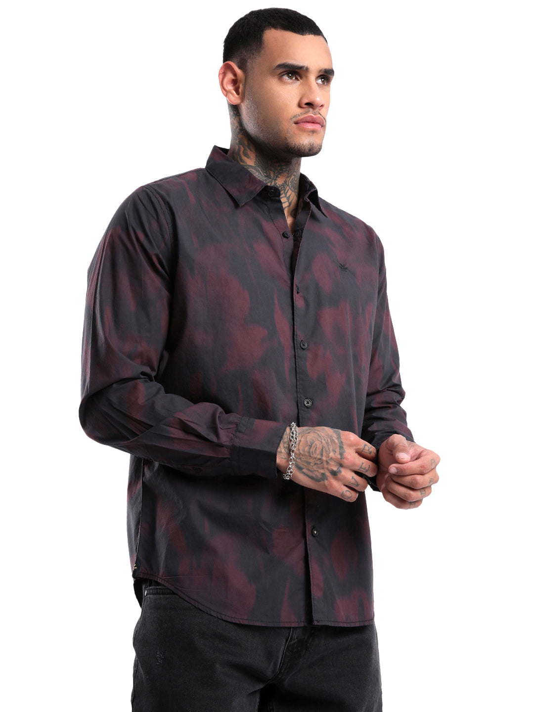 Abstract Maroon Satin Printed Shirt