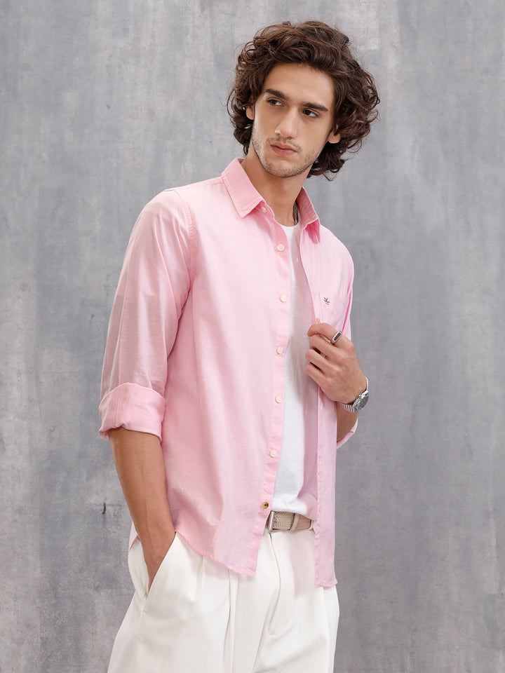 100% Cotton Slub Causal Look Slim Fit Solid Shirt | Pink