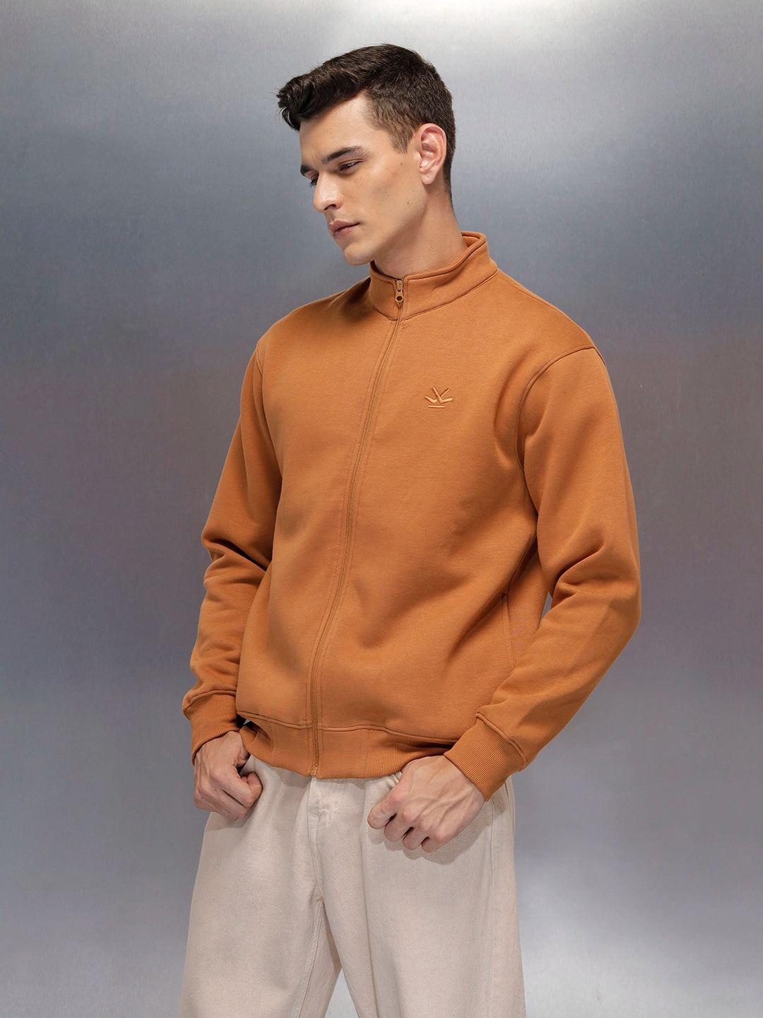 men's casual front zip up stand collar sweatshirt | Brown