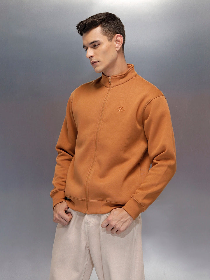 men's casual front zip up stand collar sweatshirt | Brown