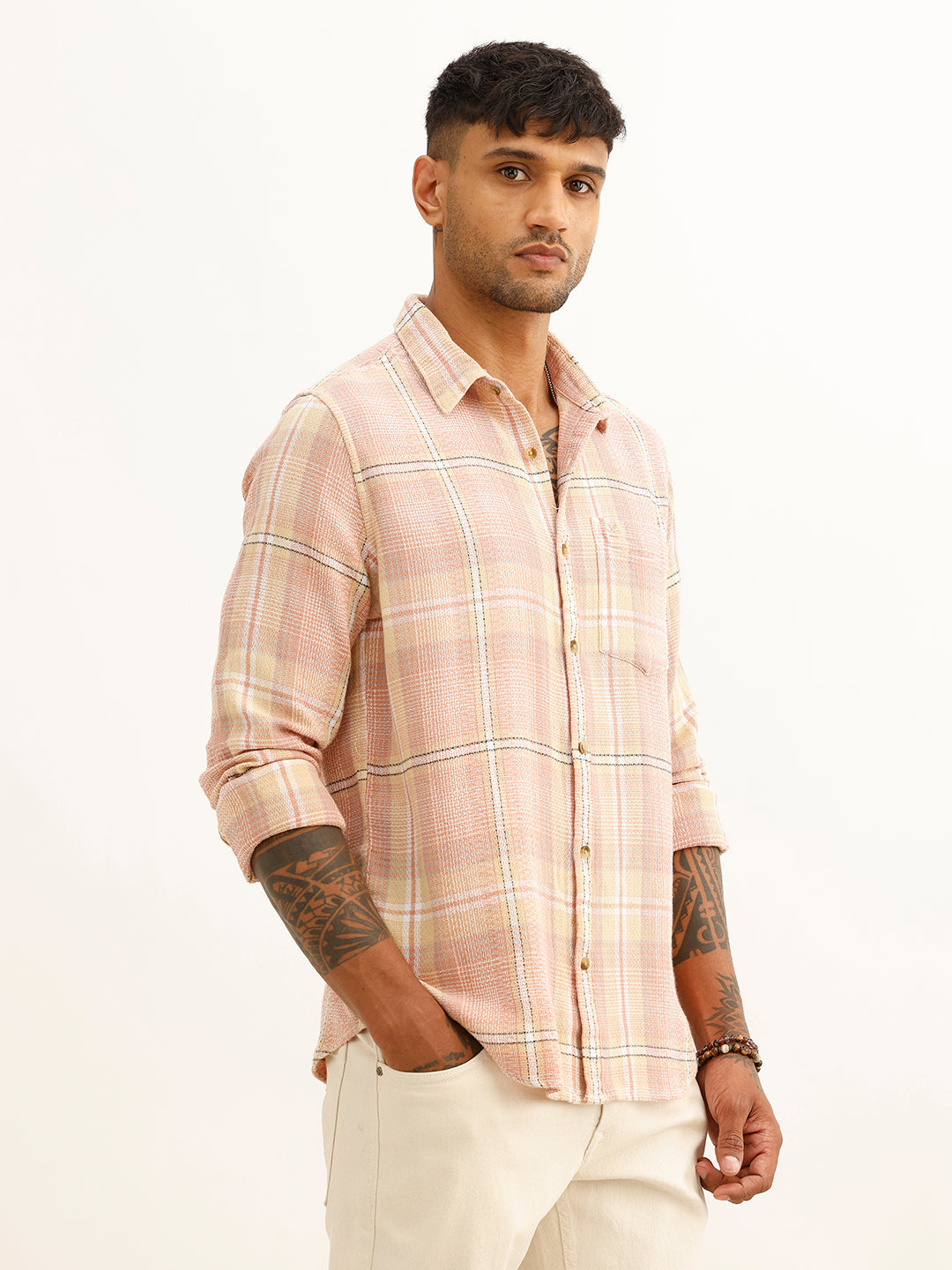 Slim Fit Checkered Full Sleeve Shirt | Pink