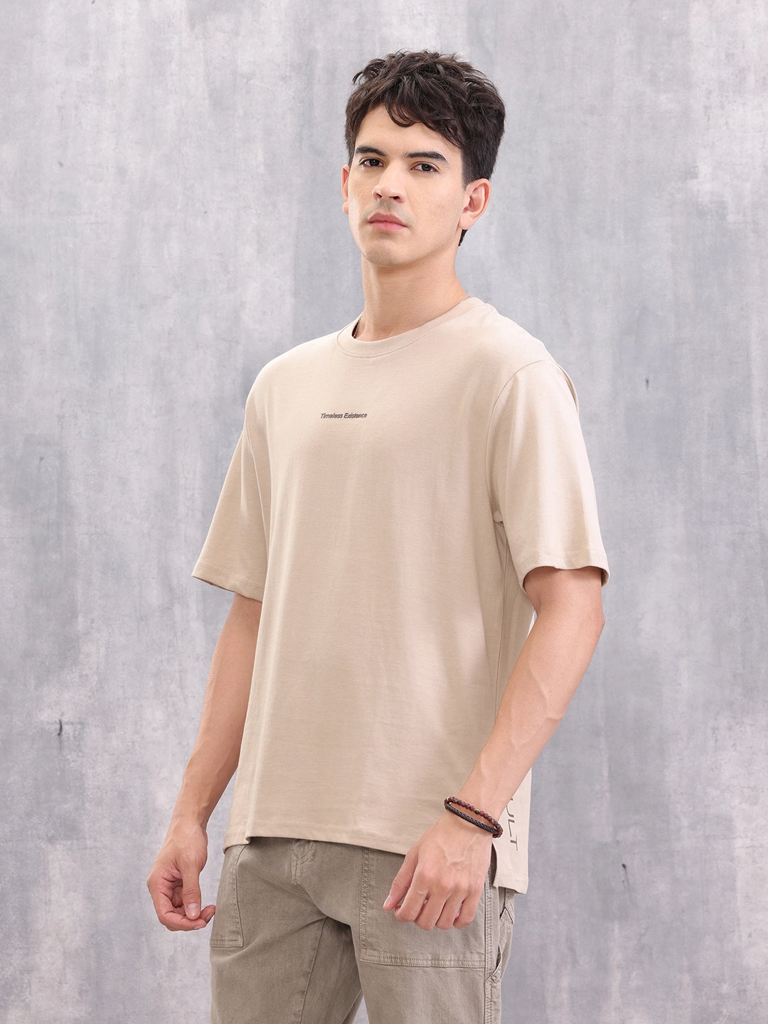 Casual Comfort Fit T-shirt With Typo Print And High Low Bottom Hem | Beige