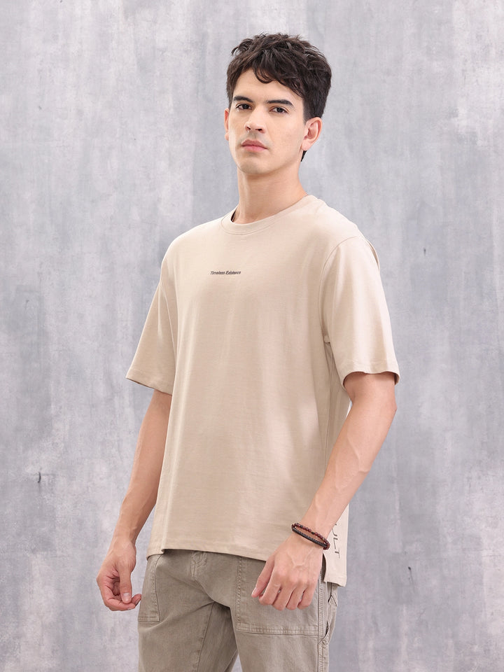 Casual Comfort Fit T-shirt With Typo Print And High Low Bottom Hem | Beige