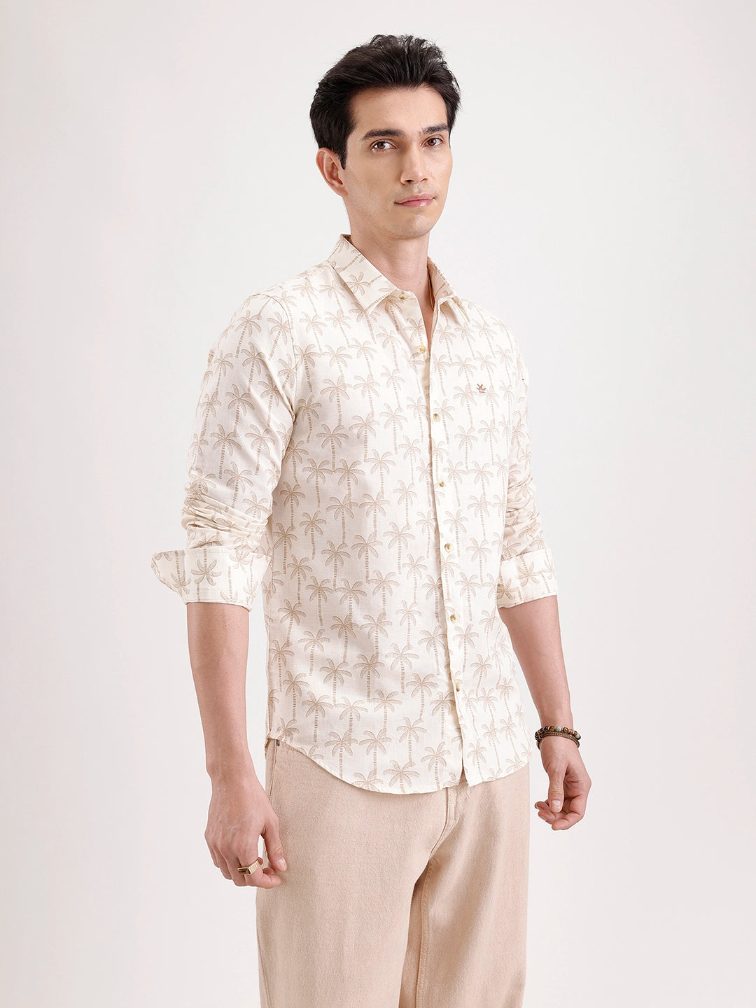 Slim Fit AOP Linen Blend Shirt  | Off White