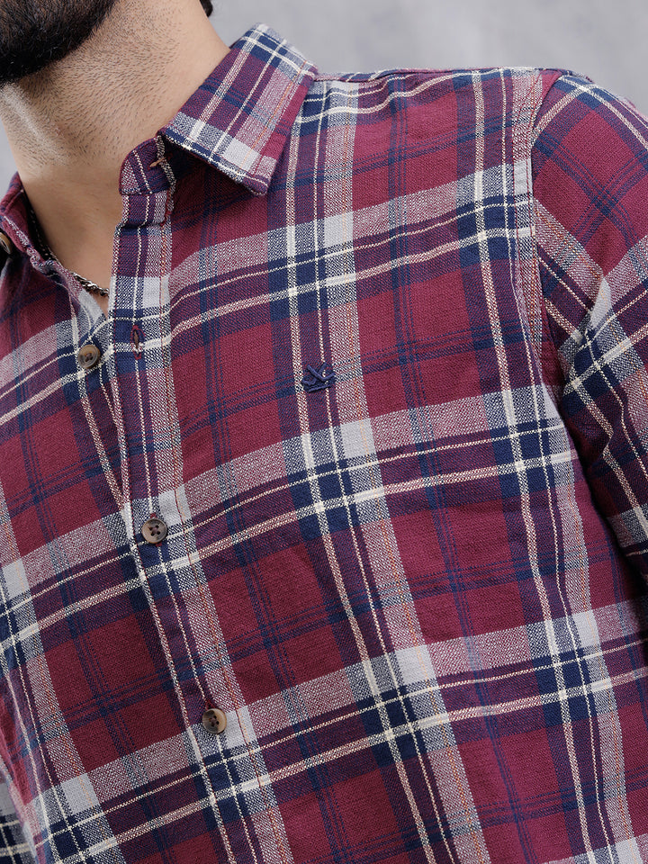 Slim Fit Check Shirt In Special Slub Weave | Maroon