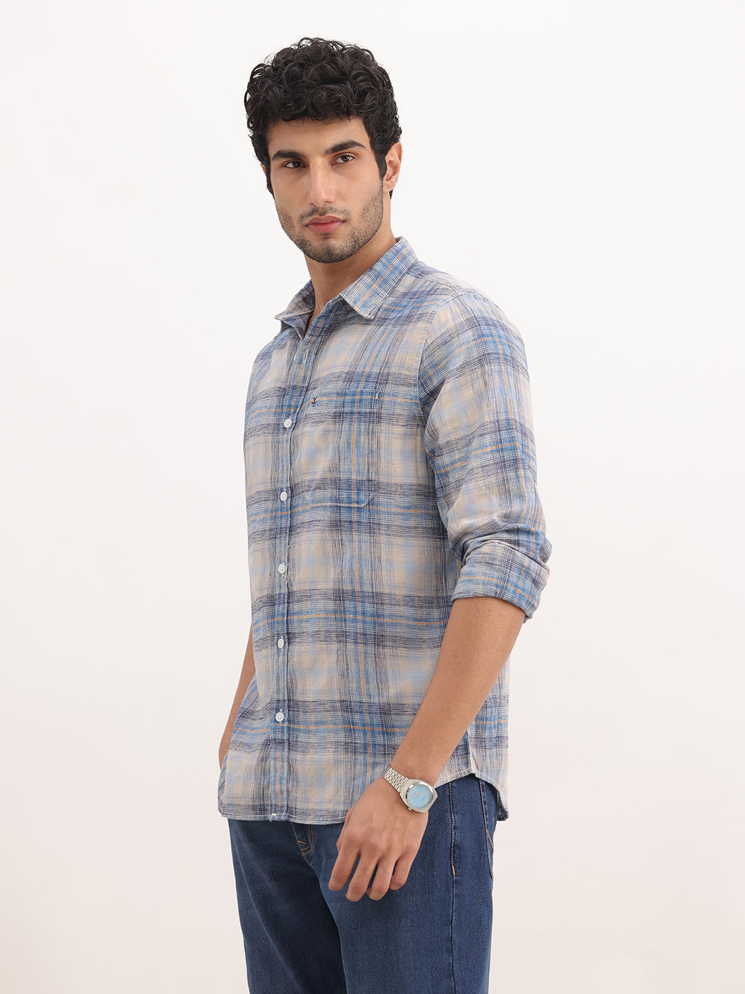 Slim Fit Checkered Full Sleeve Shirt | Blue