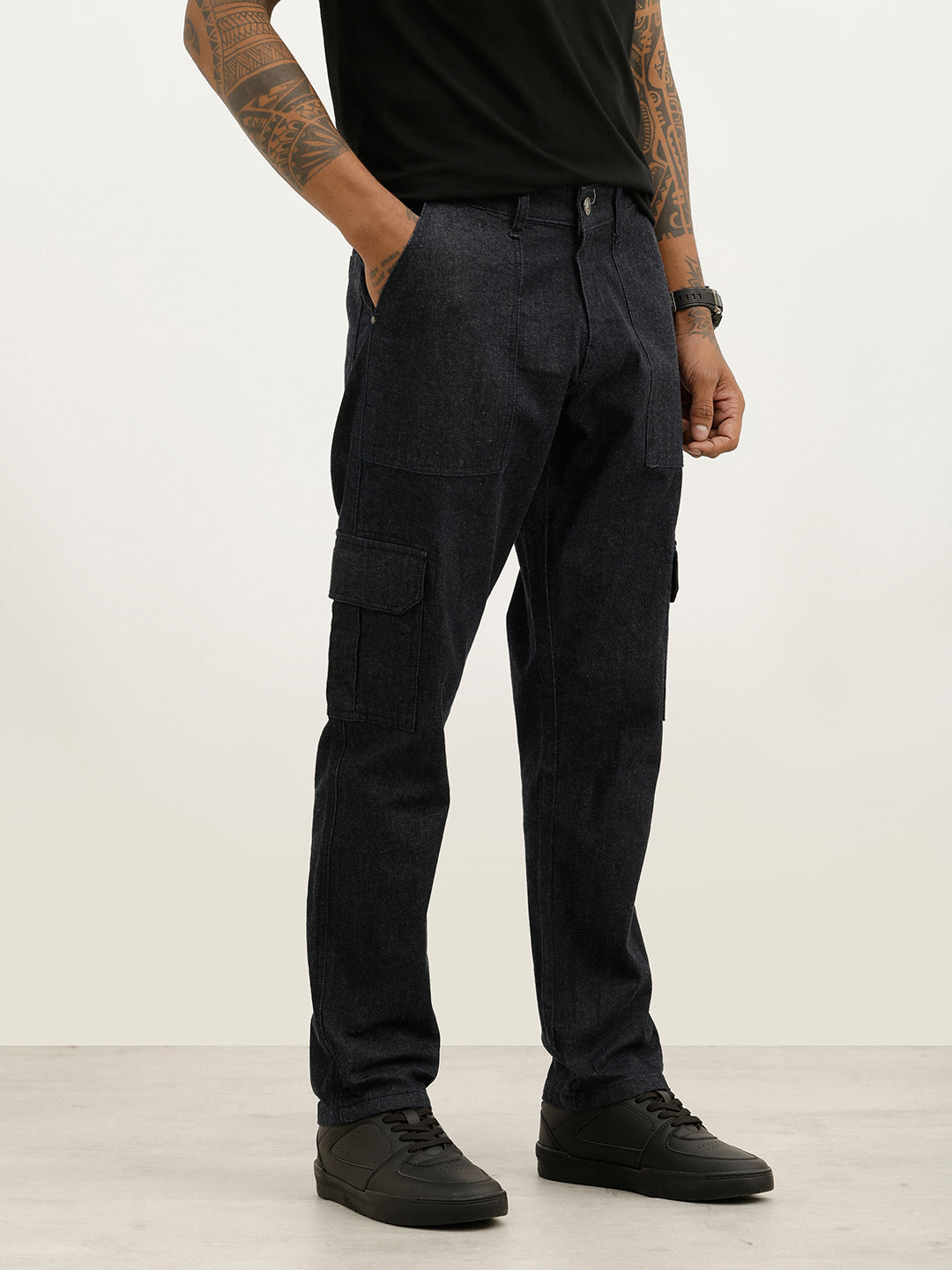 Washed Slim Fit Denim Cargo | Dark Blue