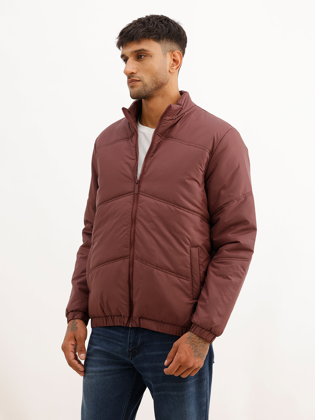 Solid Regular Fit Puffer Jacket | Wine