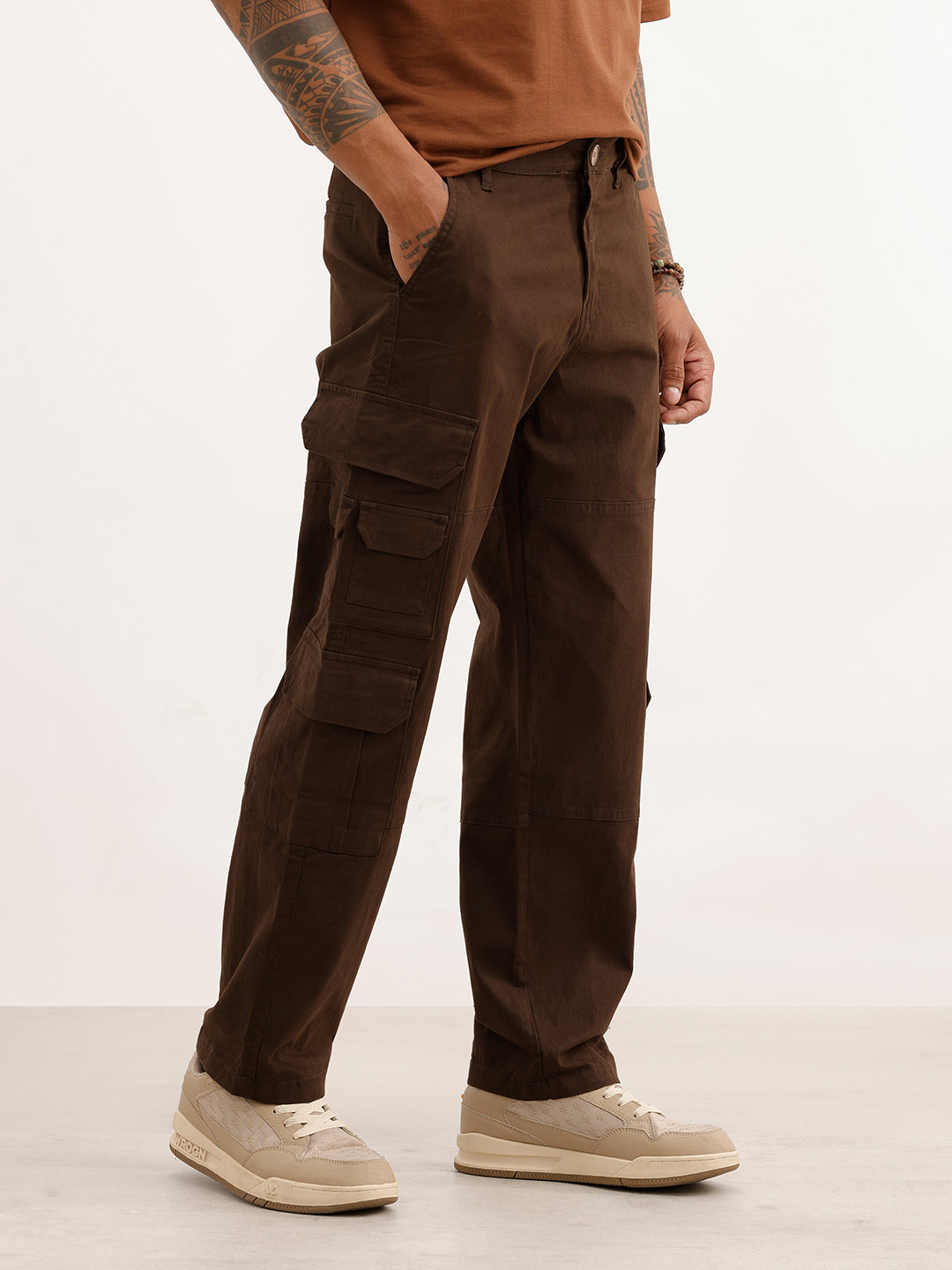 Solid Loose Fit Cargo Trouser | Brown
