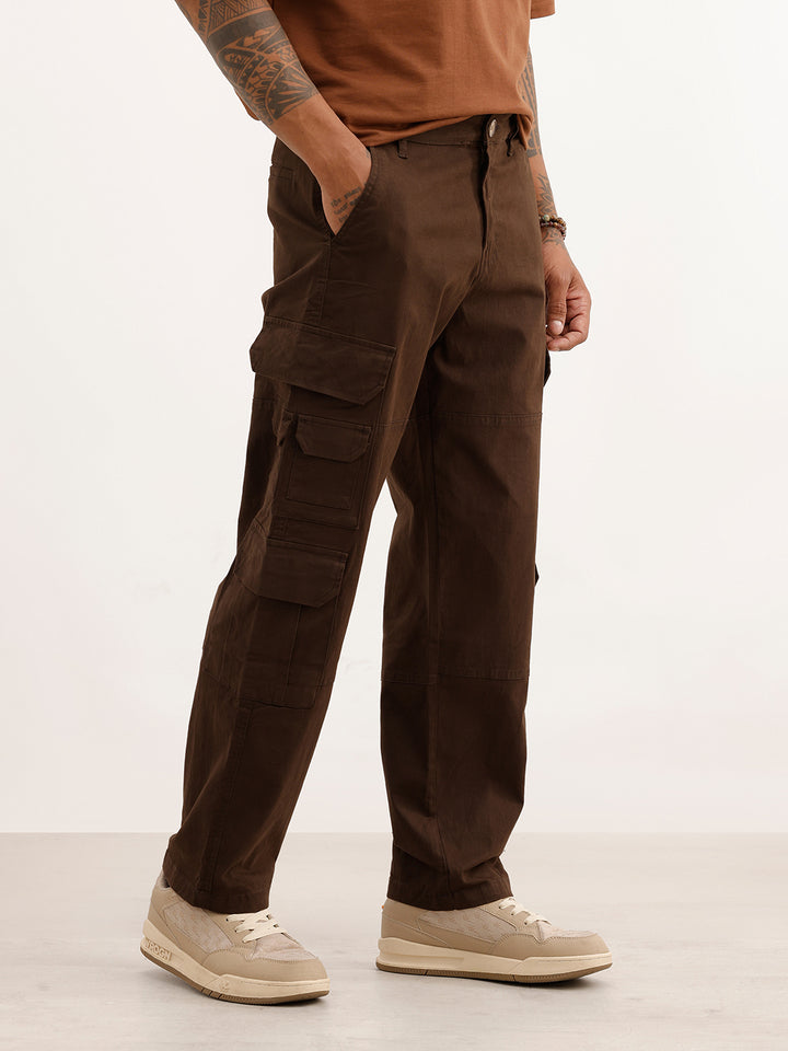 Solid Loose Fit Cargo Trouser | Brown
