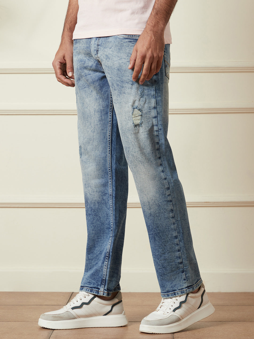 Distressed Blue Washed Slim Tapered Jeans