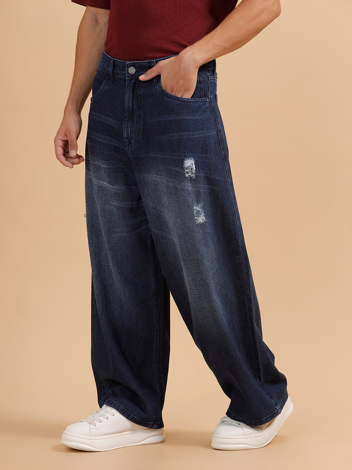Casual Heavy Fade Baggy Fit Jeans | Dark Blue