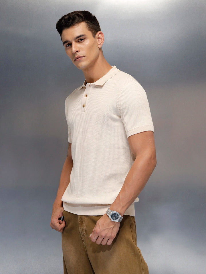 Textured Knit slim fit Polo T-shirt | Beige