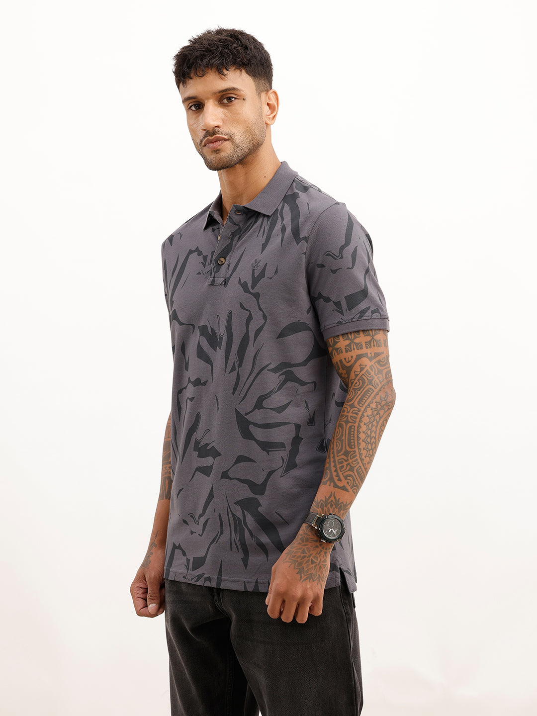 Slim Fit AOP Polo T-Shirt | Grey