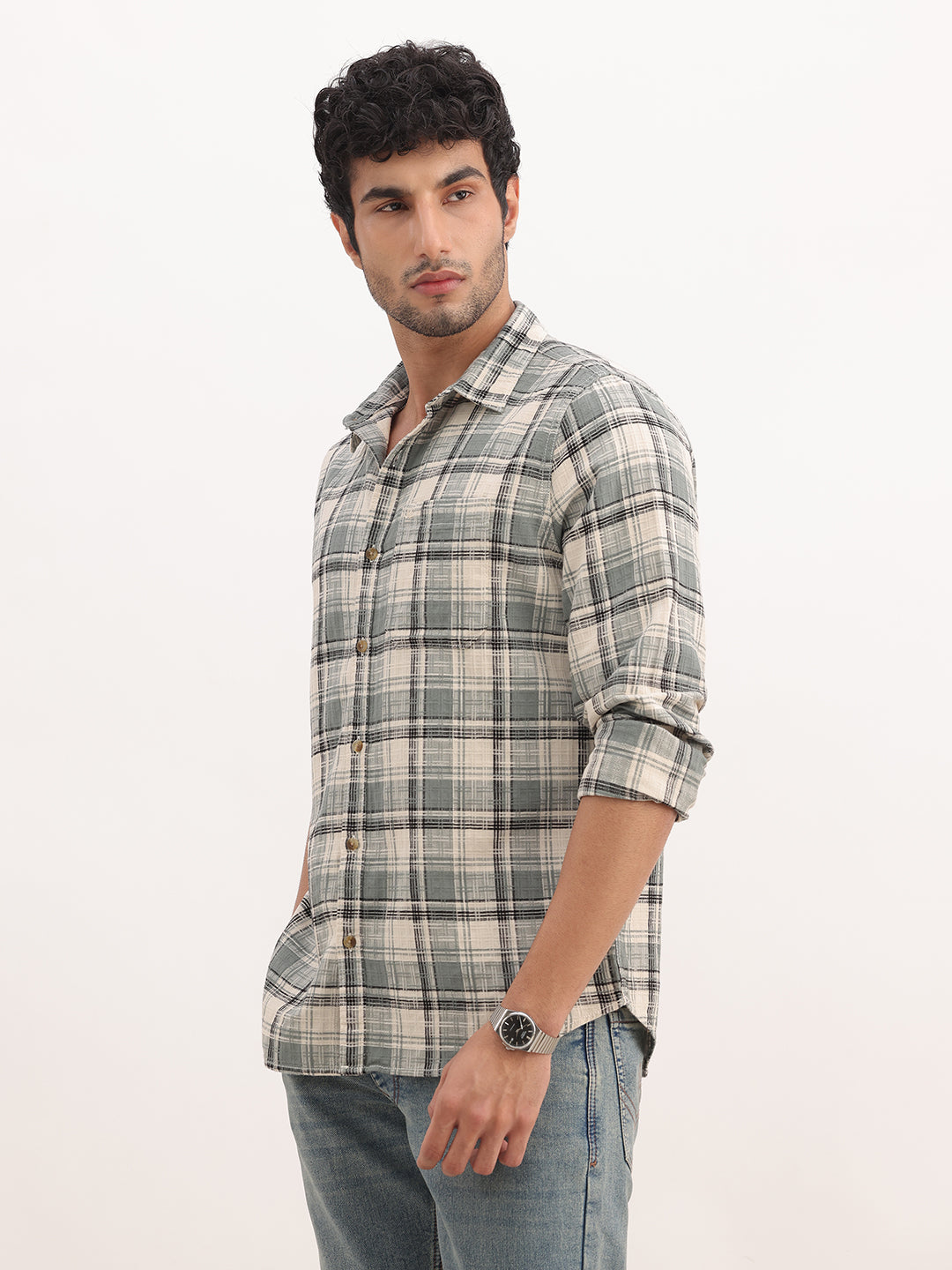 Slim Fit Checkered Full Sleeve Shirt | Green