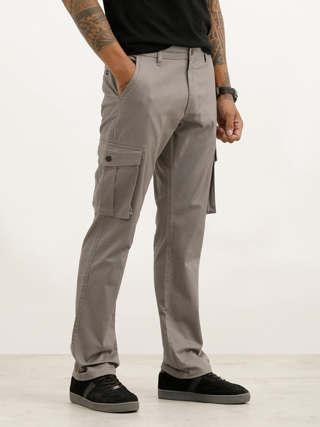 Solid Straight Fit Cargo Trouser | Grey