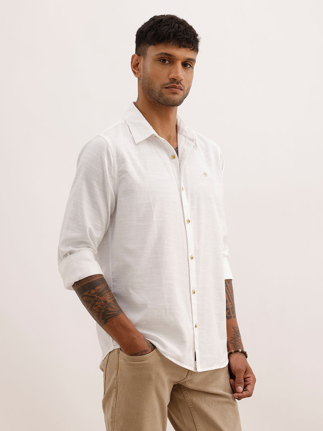 Textured Slim Fit 100% Cotton Shirt | Cream | WSH02FSSL7074W