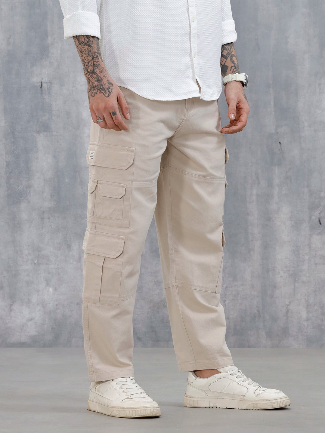 Men's Causal Relaxed Fit Utility Pockets Trousers | Cream