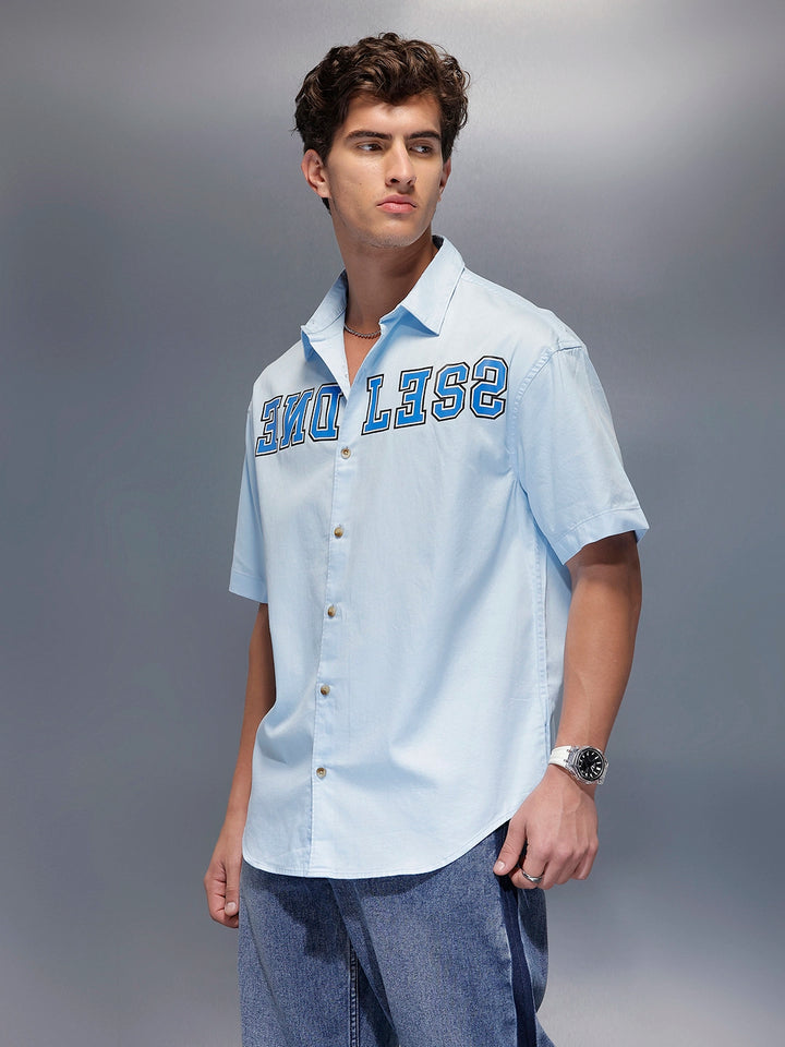 Placement Printed Oversized Shirt   |  Blue