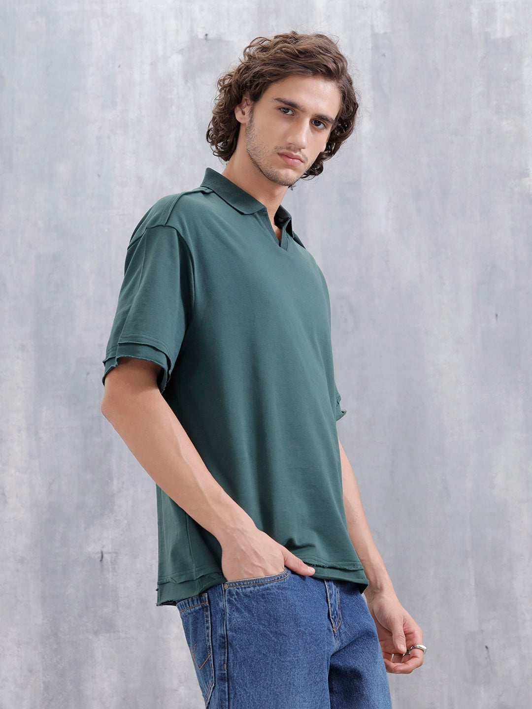 Men Oversized Fit Casual Johnny Collar T-shirt | Dark Green