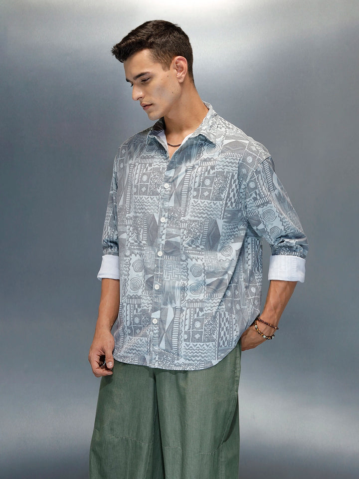 Wrogn Abstract Printed Oversized Fit Shirt | Grey