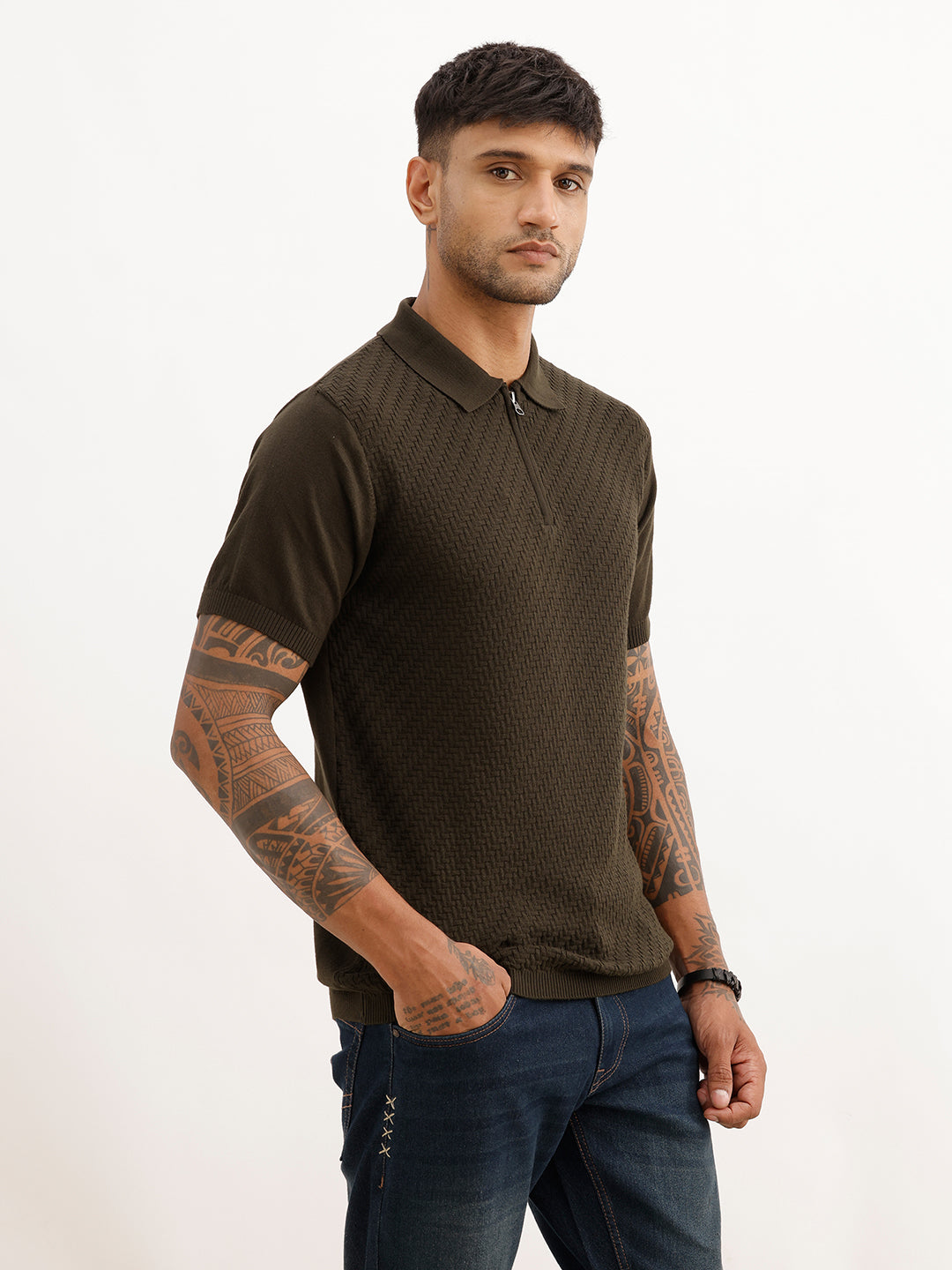 Textured Slim Fit Polo T-Shirt | Olive