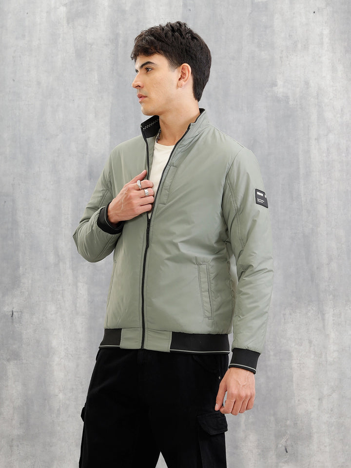 Mock Neck Full Zippered Regular Fit Jacket | Green