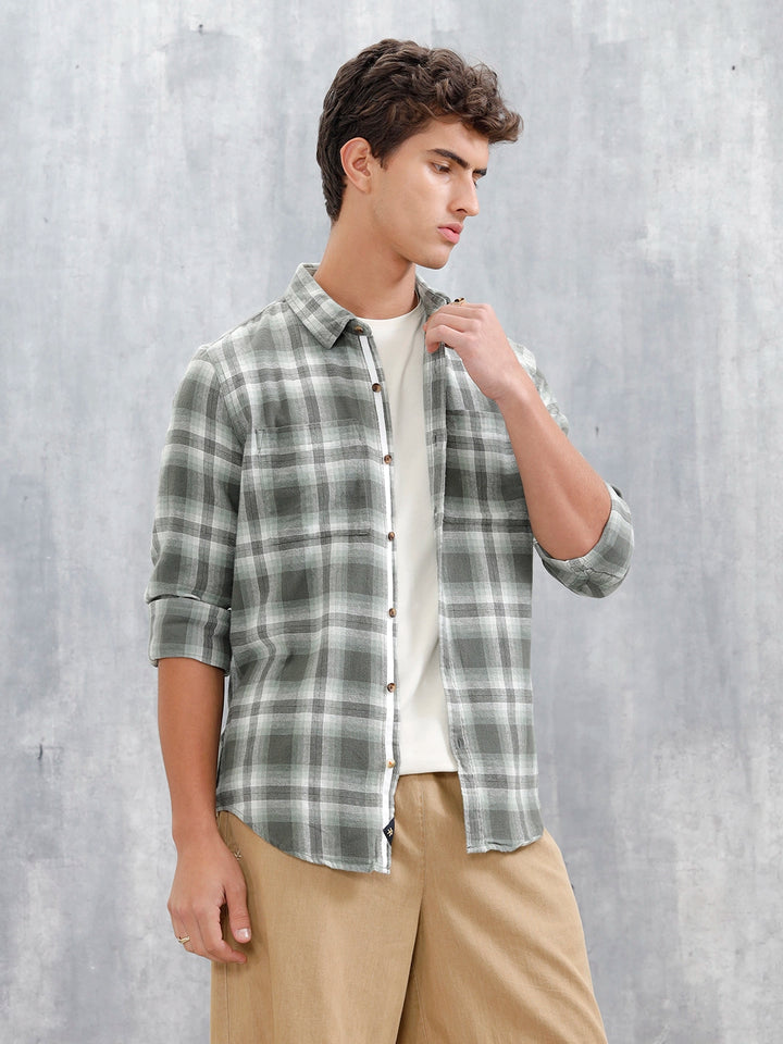 Checkered Pattern Casual Shirt For Men | Green