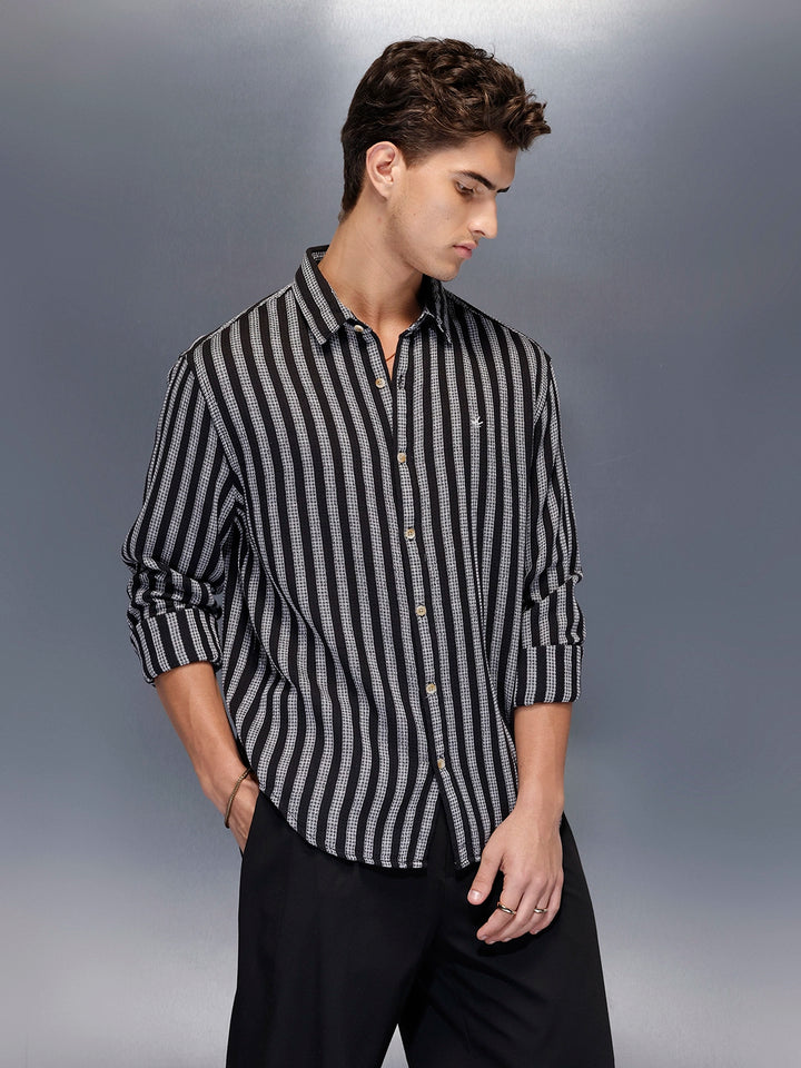 Men’s casual striped pattern shirt with texture | Black