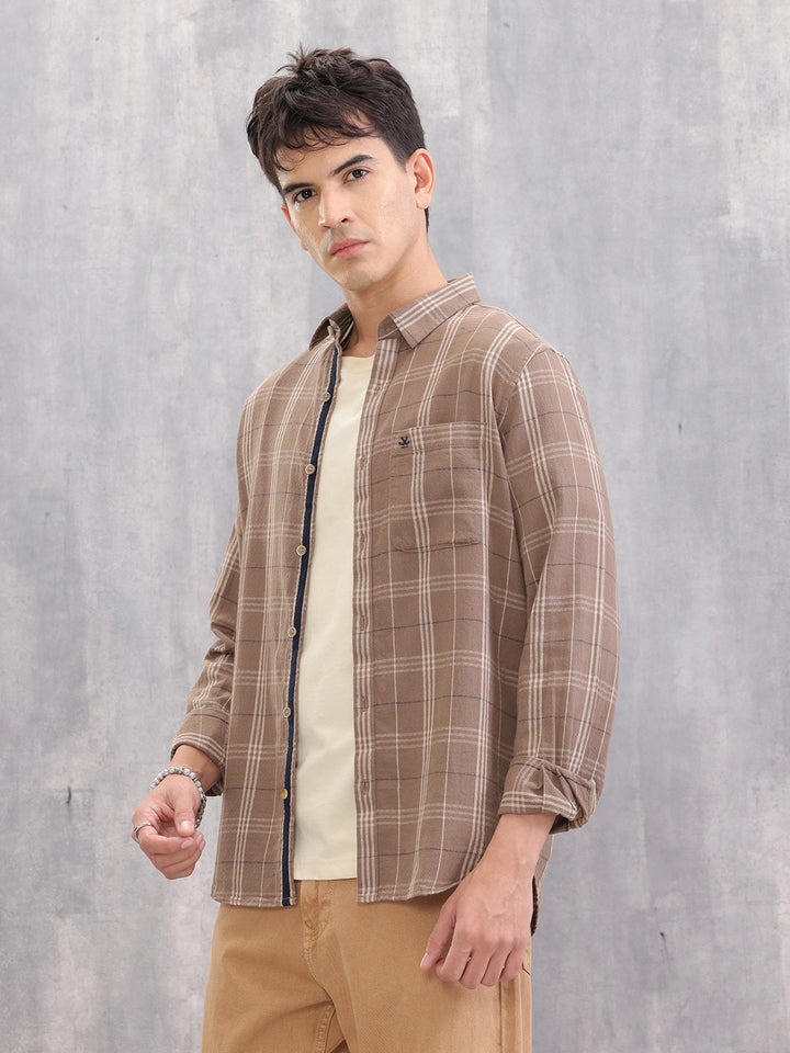 Slim Fit Checks Shirt With Inner Placket Contrast Detailing I Brown
