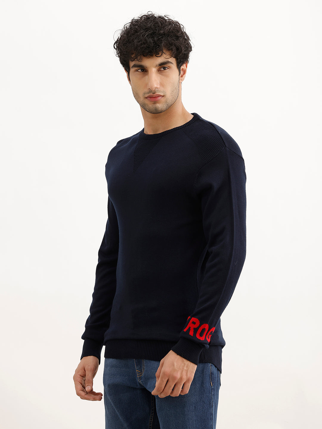 Solid Slim Fit Knitted Sweater | Navy Blue