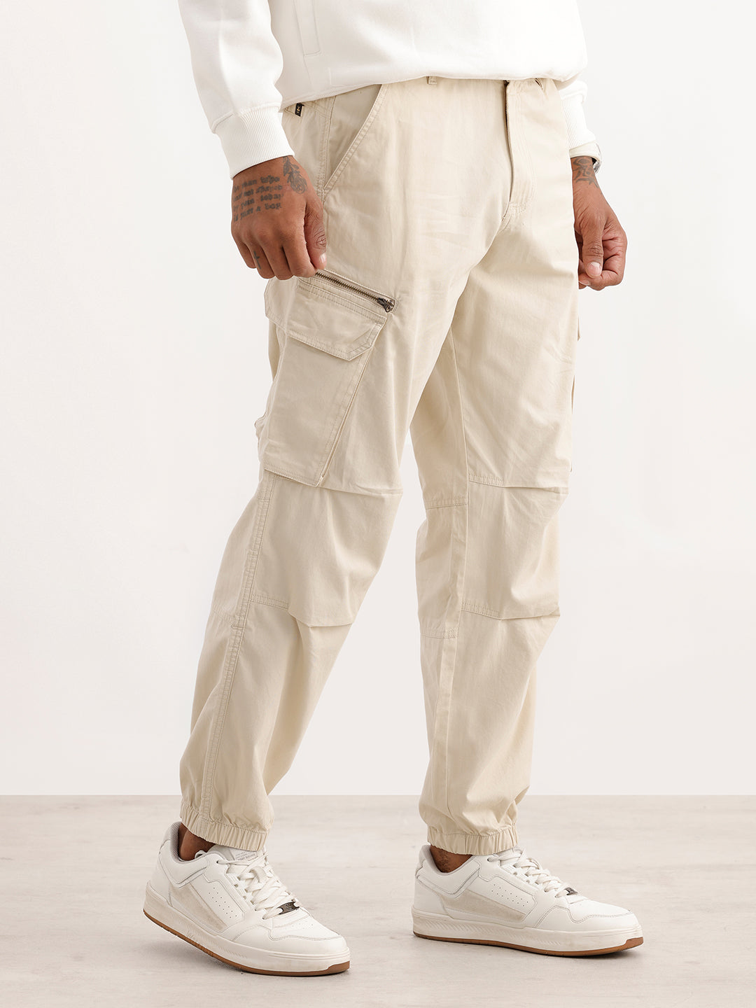 Solid Loose Fit Cargo Trouser | Beige