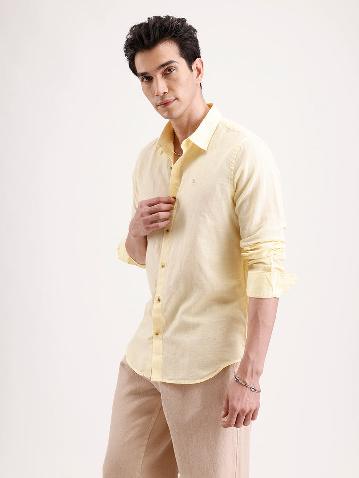 Solid Slim Fit Linen Blend Shirt  | Yellow