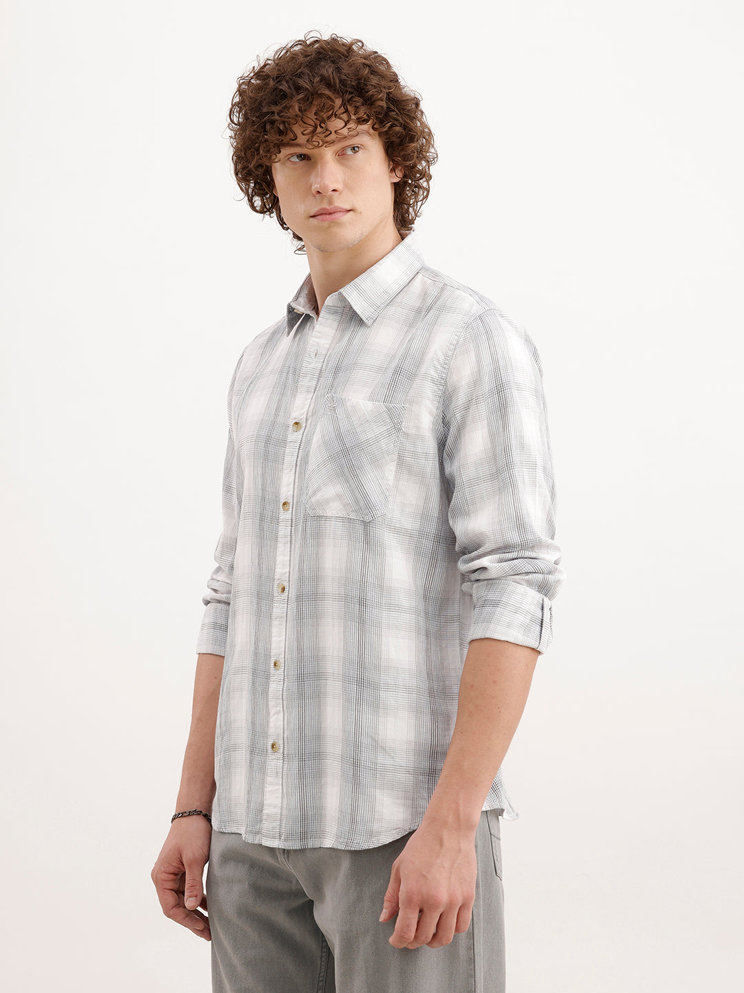 Slim Fit Checkered Shirt  | White