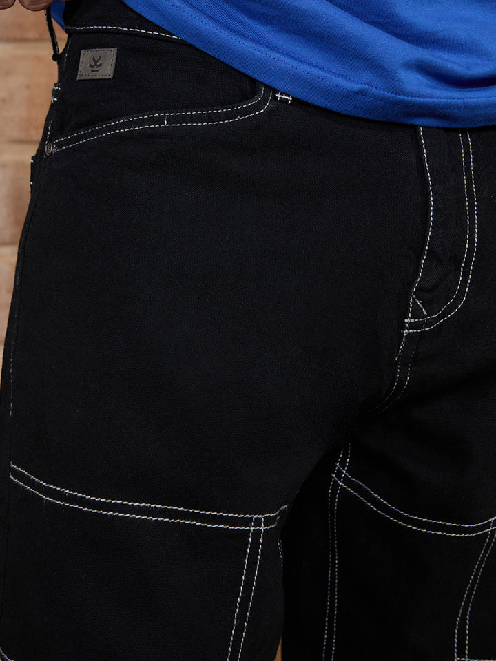 Contrast Stitch Loose Fit Jeans | Black