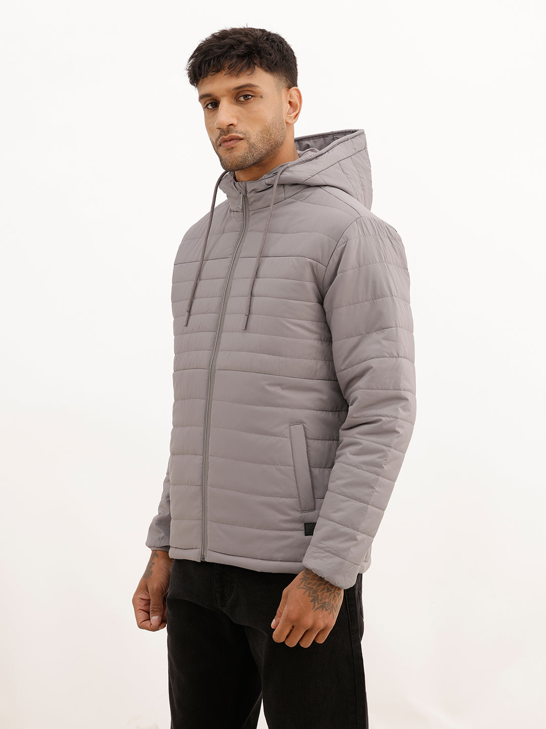 Solid Regular Fit Puffer Jacket | Dark Grey