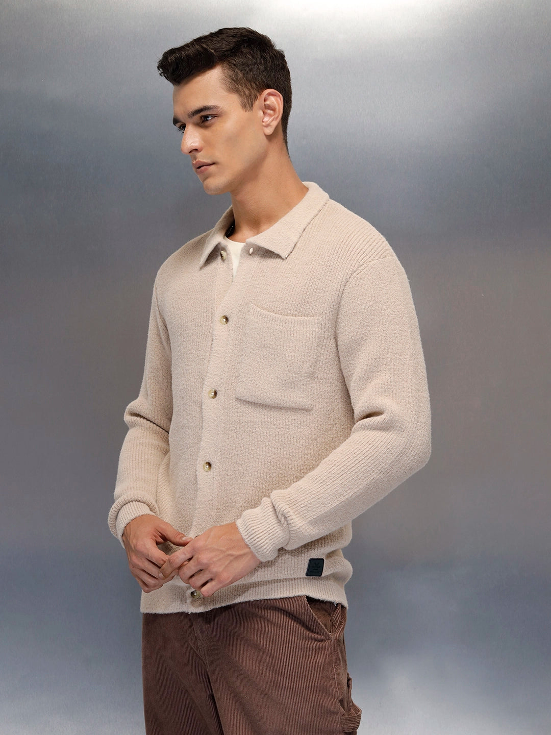 Textured Knit Button-Down Sweater  | Beige