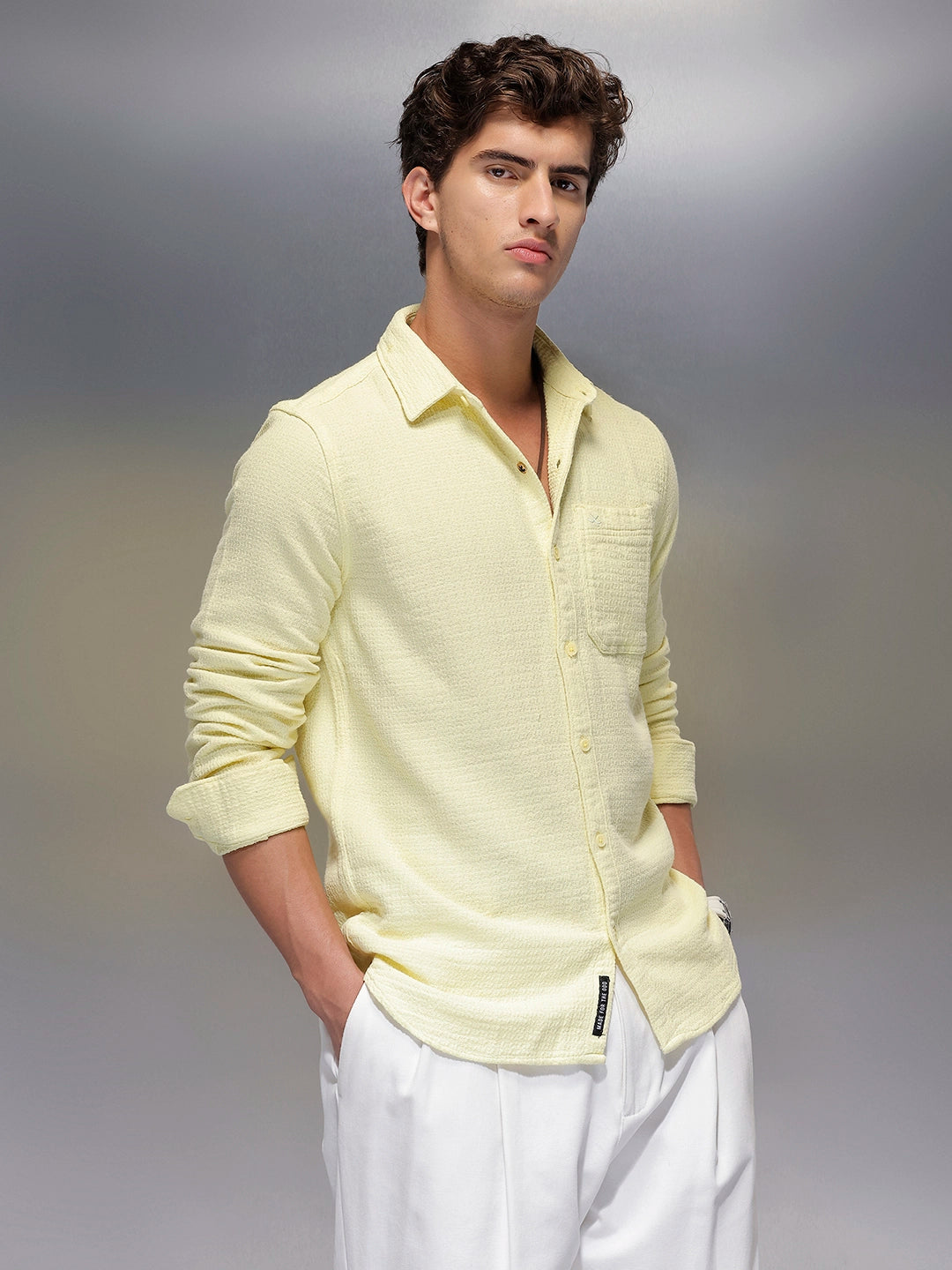 Solid Textured Full Sleeve Shirt   |  Yellow