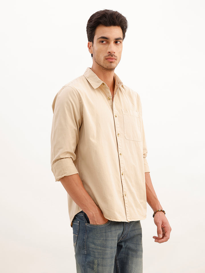 Solid Regular Fit Full Sleeve Overdyed Shirt | Beige