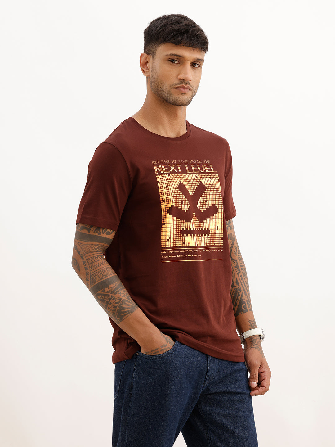 Slim Fit Placement Printed T-Shirt | Brown
