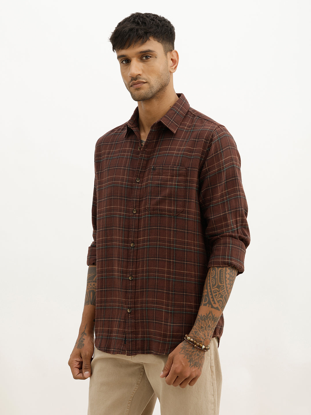 Slim Fit Checkered Full Sleeve Shirt | Brown