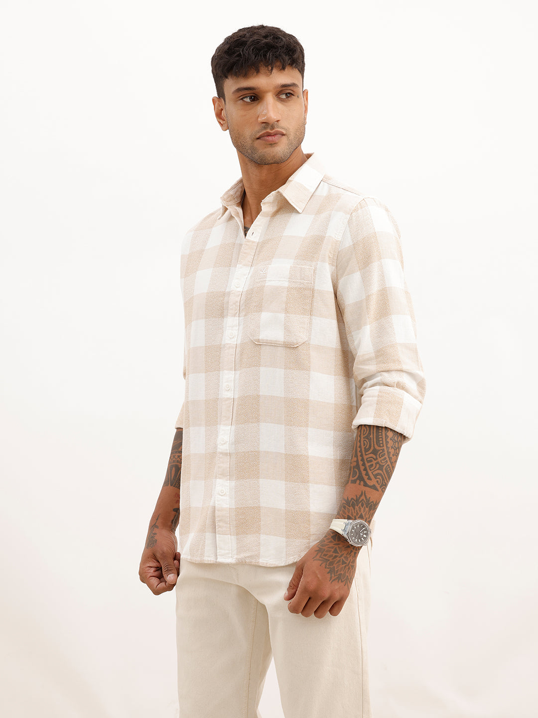 Classic Slim Fit Checkered Shirt | Beige